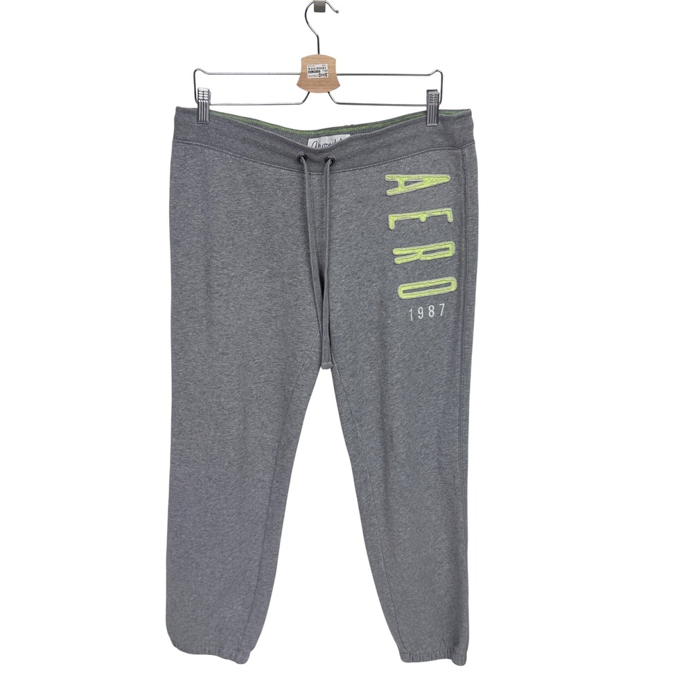 Aeropostale Womens XL Gray Heather Neon Green Logo Graphic Jogger Sweatpants